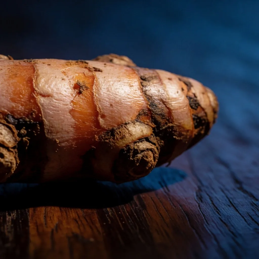 Fresh Indonesian turmeric root on dark teak
