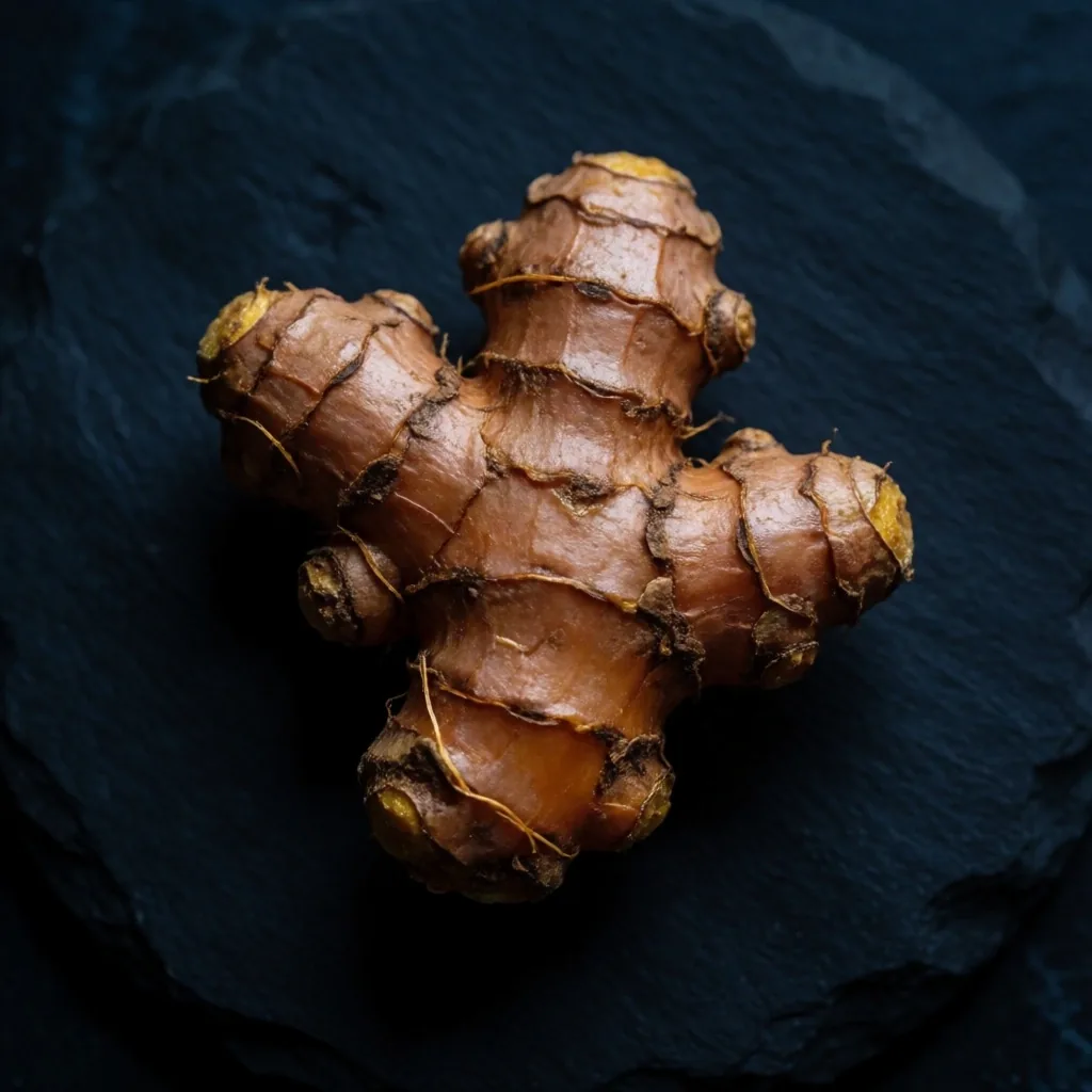 Macro photograph of Indonesian turmeric root on a dark surface