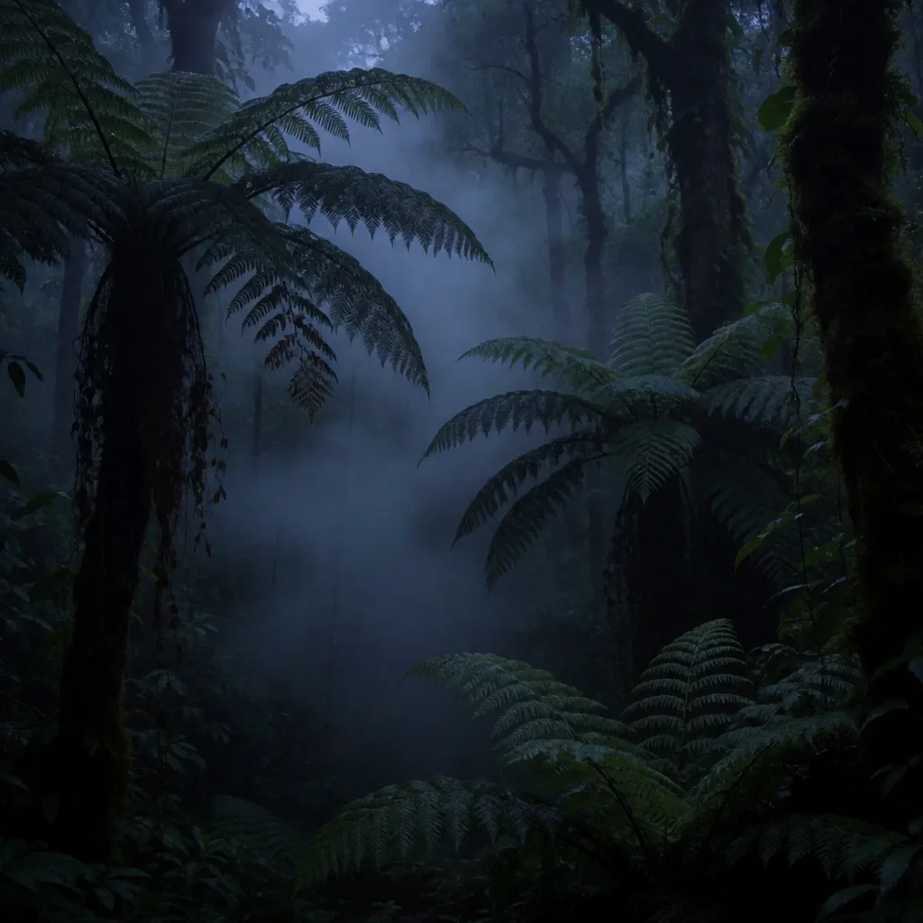 Balinese rainforest canopy at dusk