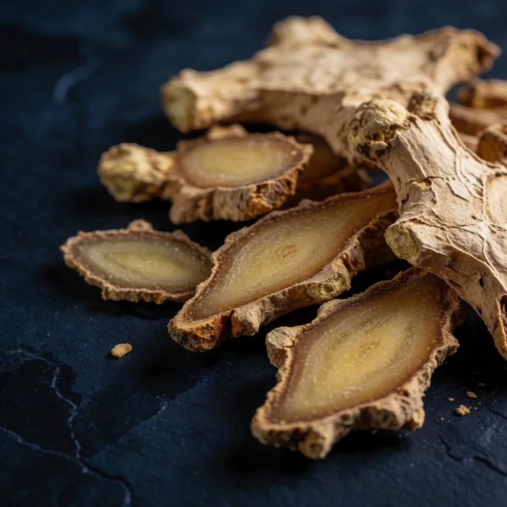 Dried Indonesian ginger root on dark slate