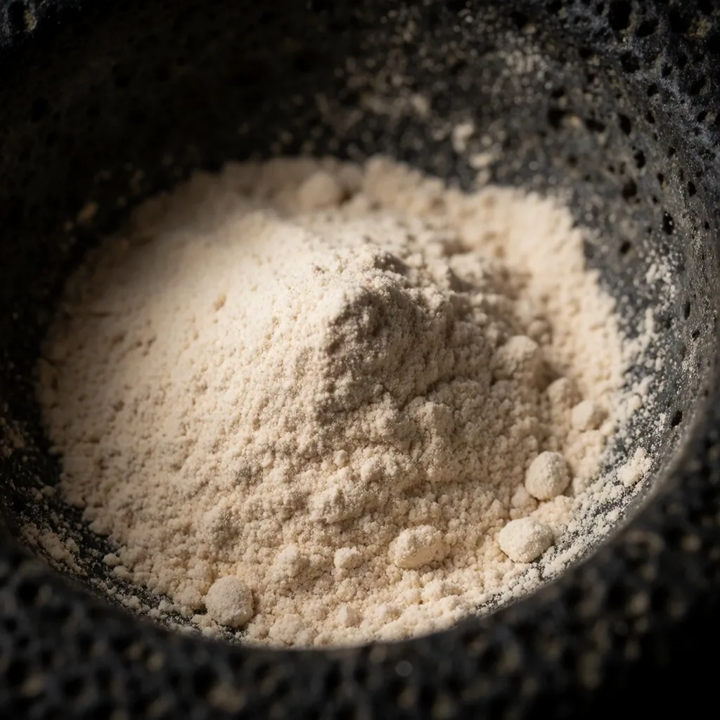 Ashwagandha root powder in a stone mortar