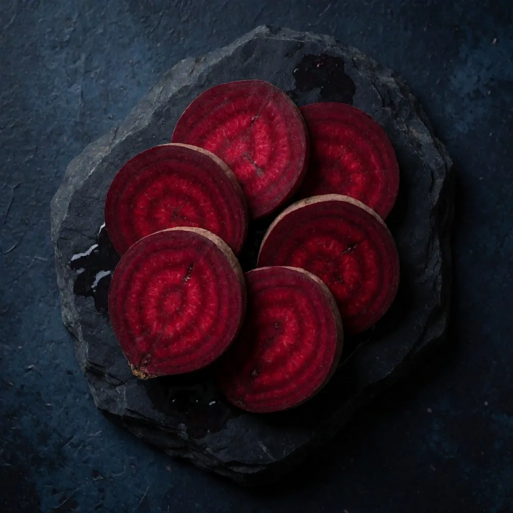 Sliced beetroot on dark slate
