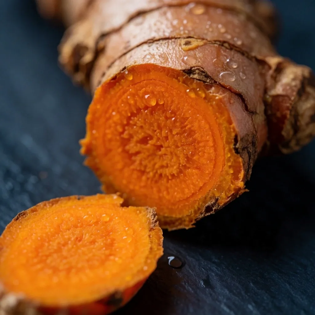 Fresh turmeric root cross-section on dark surface