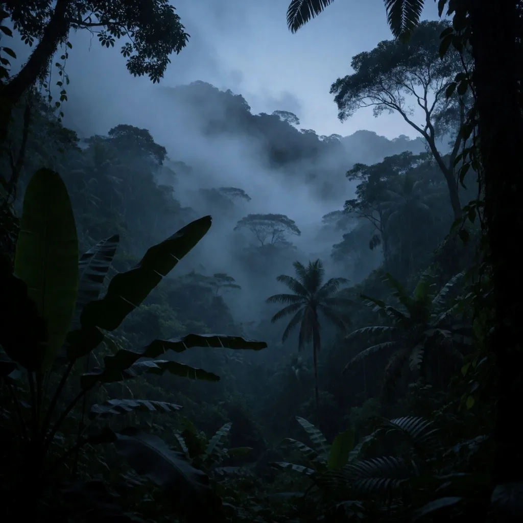 Balinese rainforest at dusk in indigo light