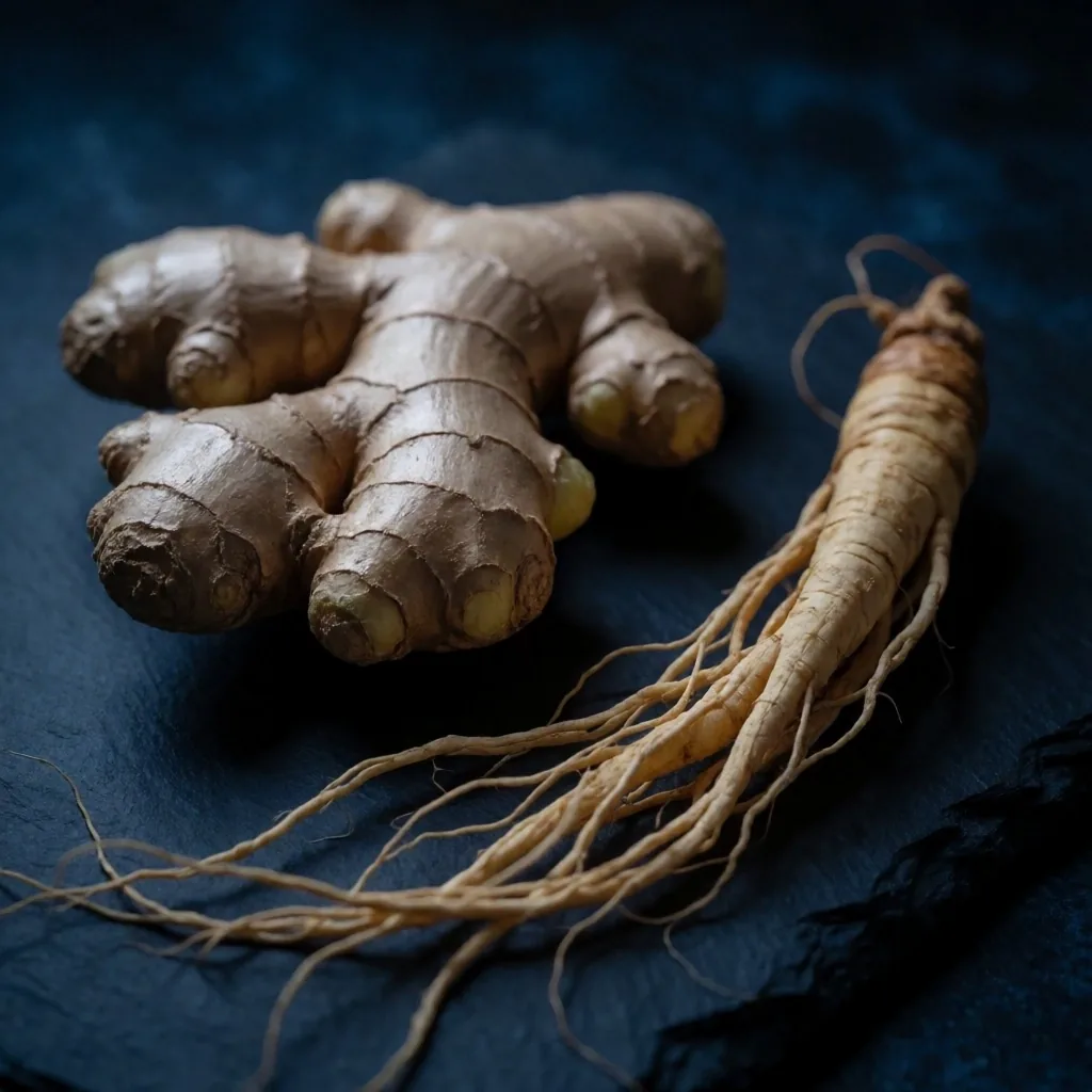 Ginger and ginseng roots in dark lighting