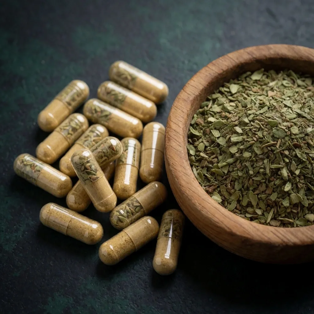 Natural herbal capsules on dark surface