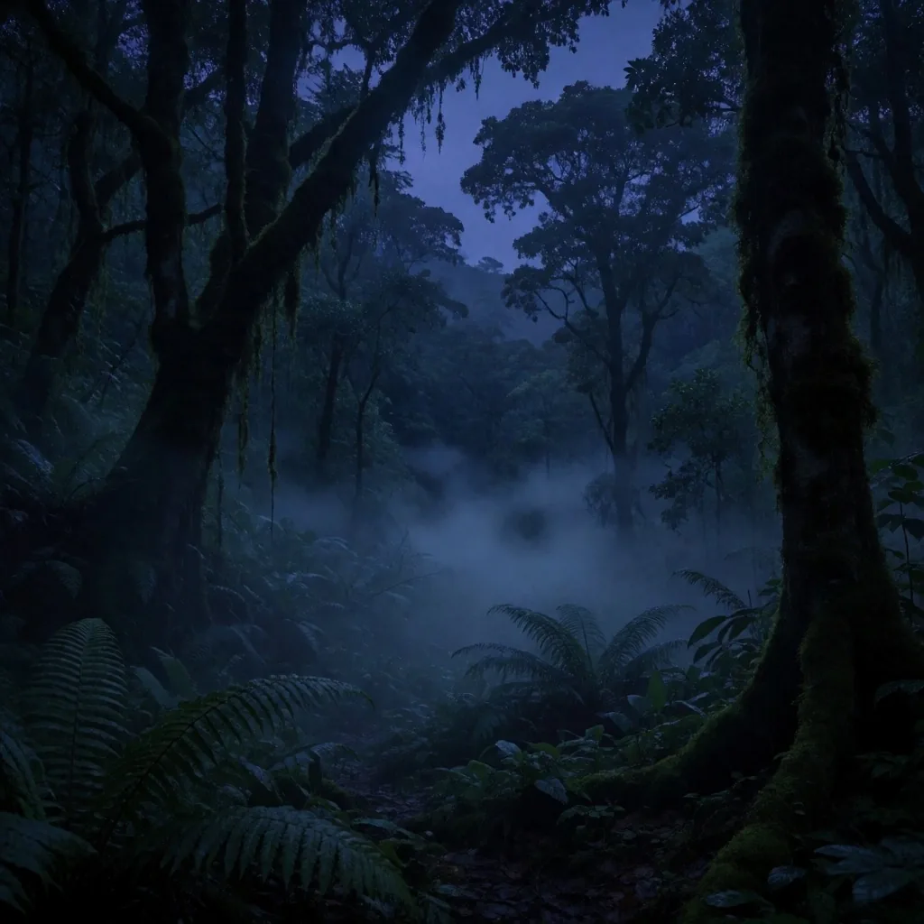 Dense Balinese rainforest at dusk under indigo light
