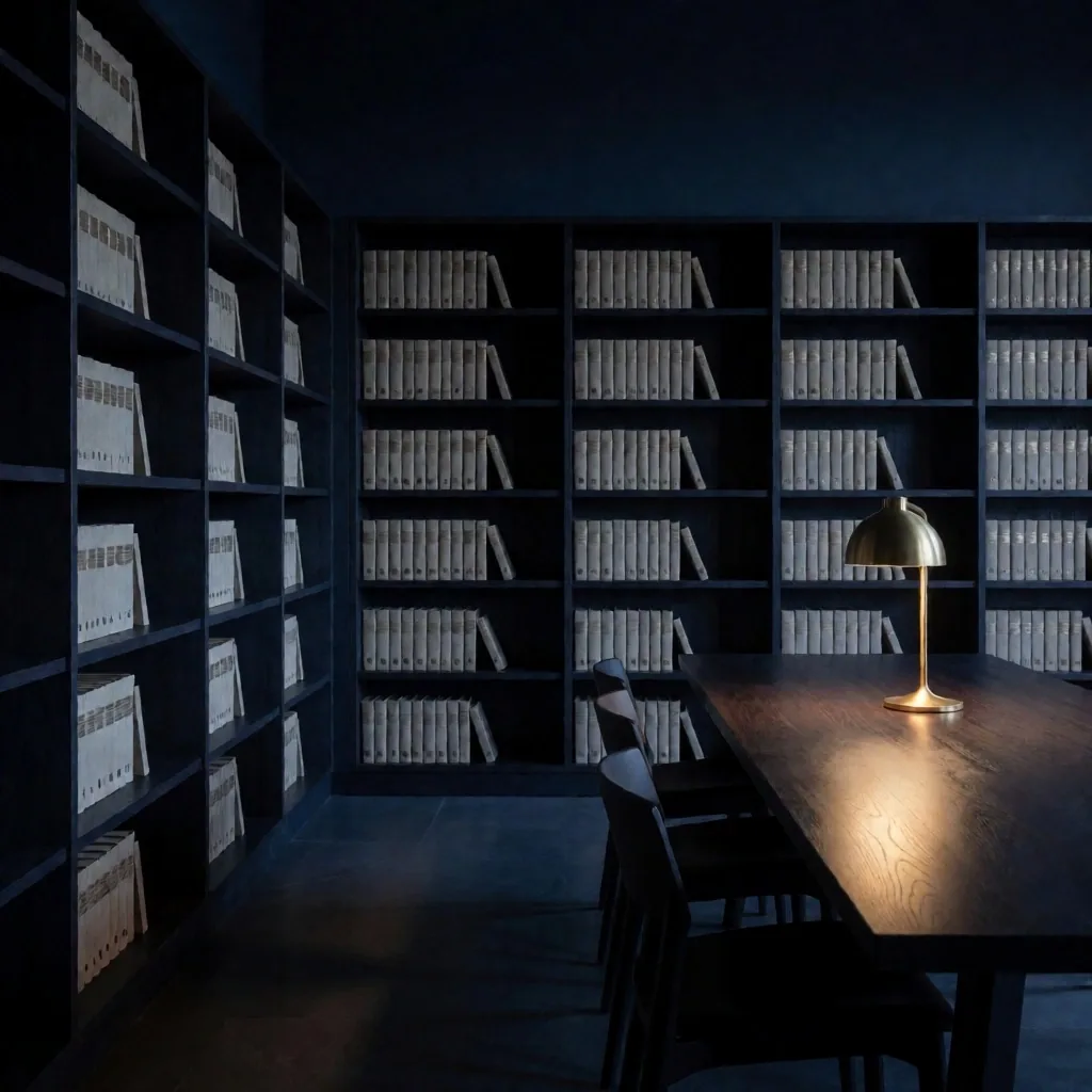 Dimly lit dark wood library interior at night