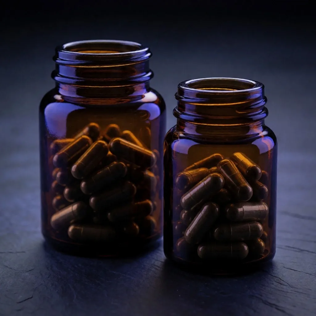 Amber bottles of herbal capsules on dark surface