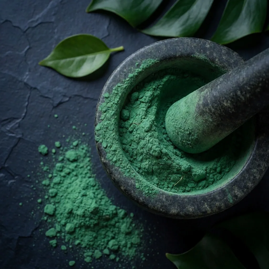 Green superfood powder in stone mortar