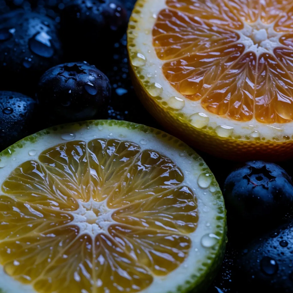 Citrus and dark berries on volcanic stone