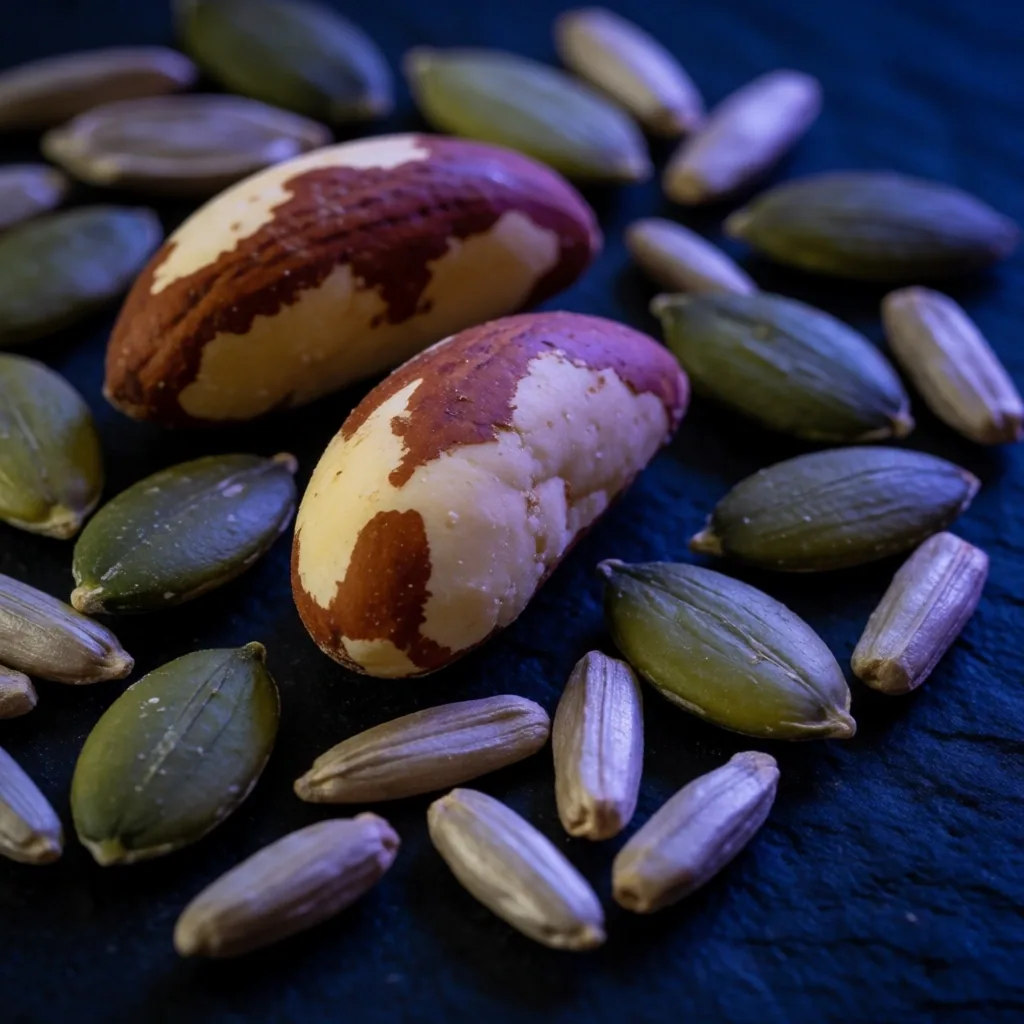 Mixed nuts and seeds on dark stone